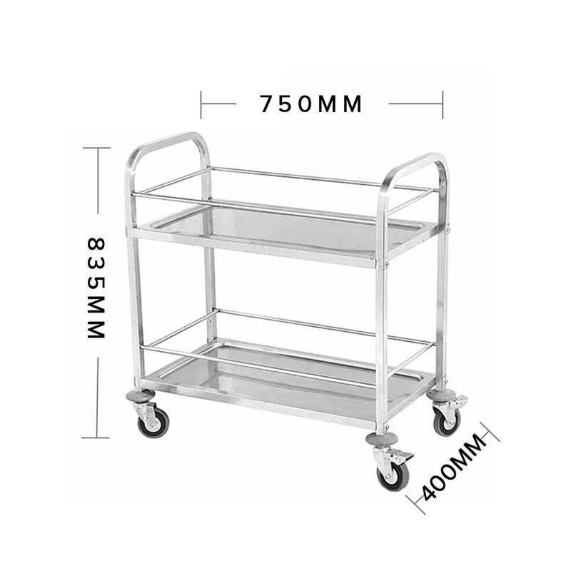 2X Stainless Steel Utility Cart 2 Tier 75x40x84cm Locking Wheels Portable Small