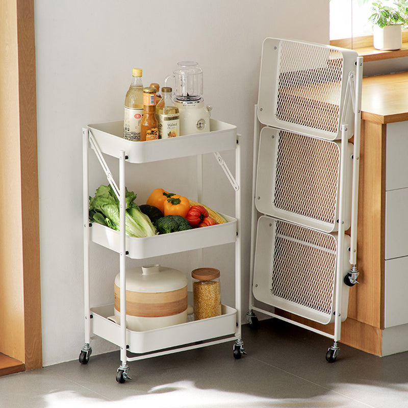 3 Tier White Foldable Steel Kitchen Cart Portable Storage Shelves With Wheels