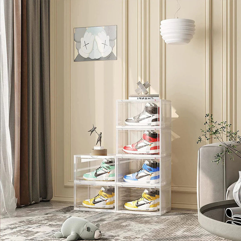 2 Tier Clear Shoe Organizer Stackable Plastic Storage Box with Magnetic Door