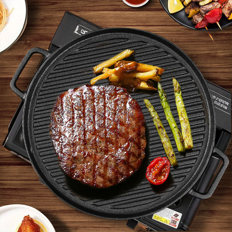 Round Cast Iron Ribbed BBQ Pan Skillet 30cm Pre-Seasoned Non-Stick Black