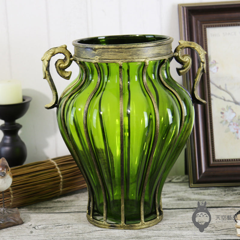 Green Glass Flower Vase European Style With Two Gold Metal Handles 25cm X 33cm