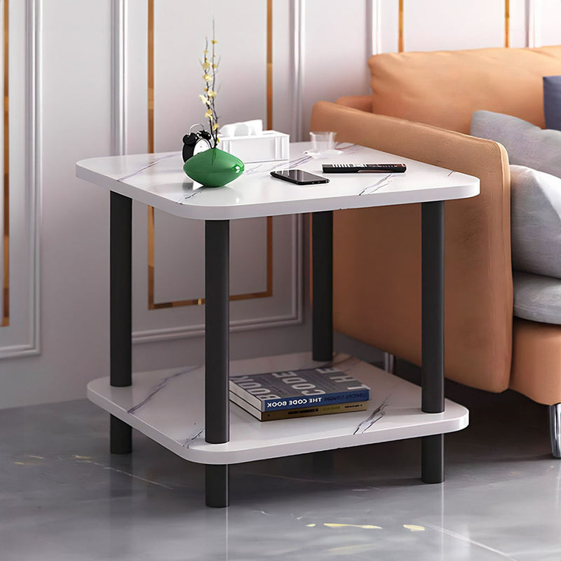 2X 60x60x53cm White Ceramic Side Table Stone Pattern Black Metal Legs
