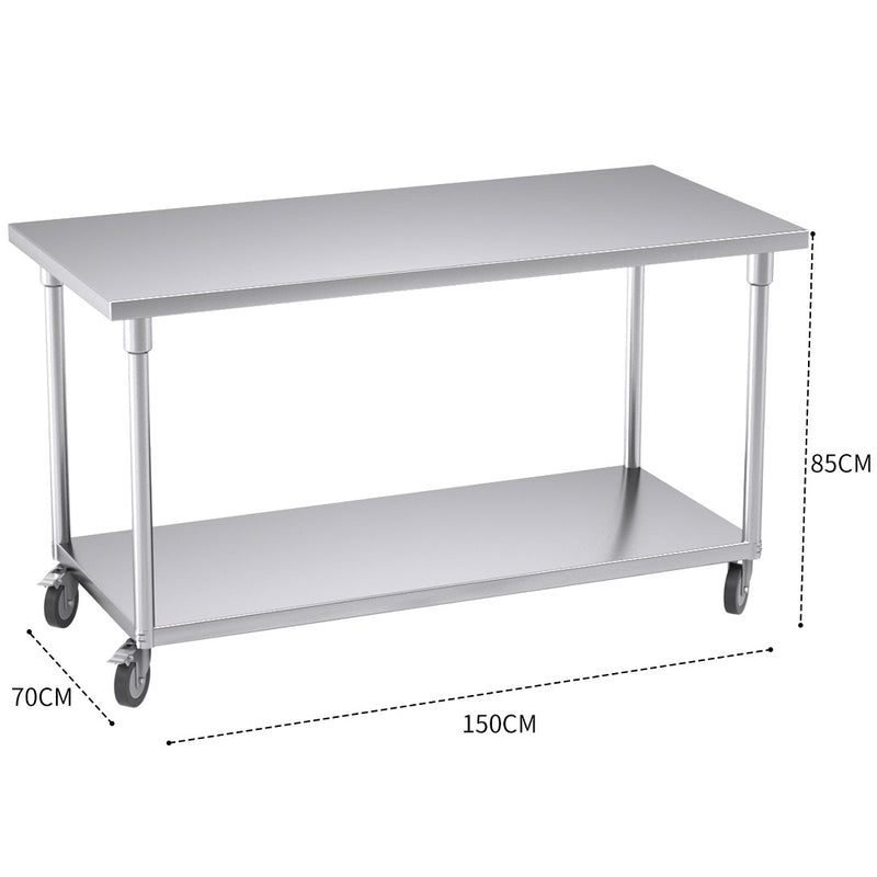 150cm Stainless Steel Prep Workbench Adjustable Shelf 200kg Locking Castors