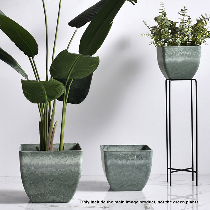2X 32cm Green Grey Square Tapered PP Resin Planter Concrete Look Indoor