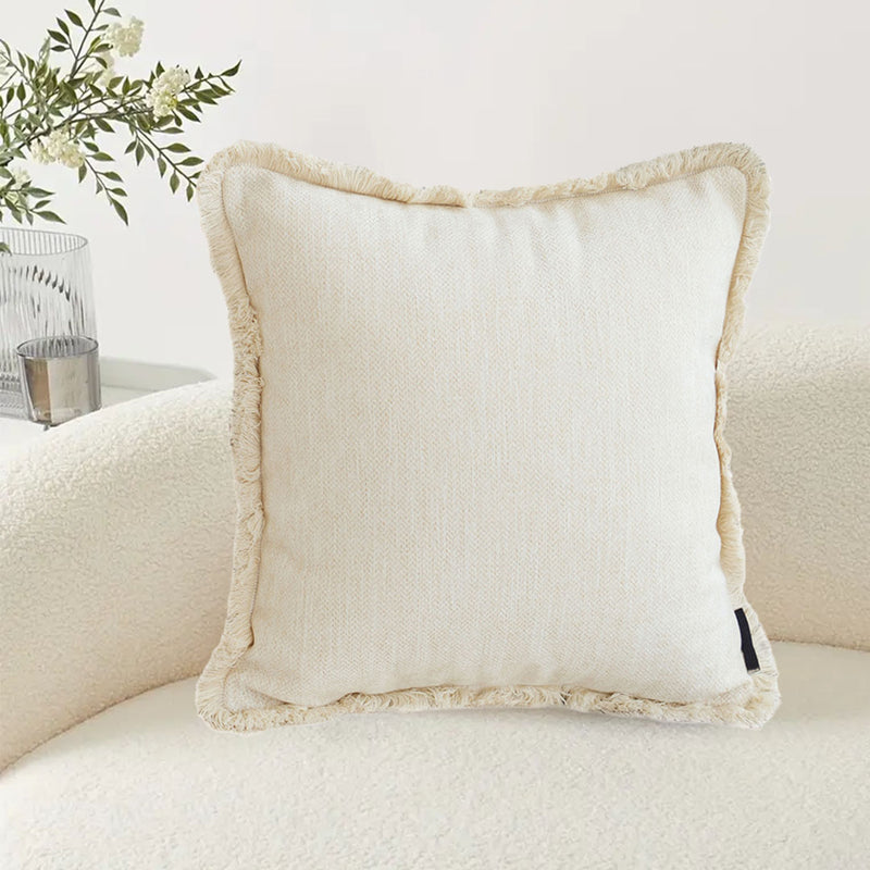 Throw Pillow Velvet Chenille Square 45cm Tassel Cream Plush