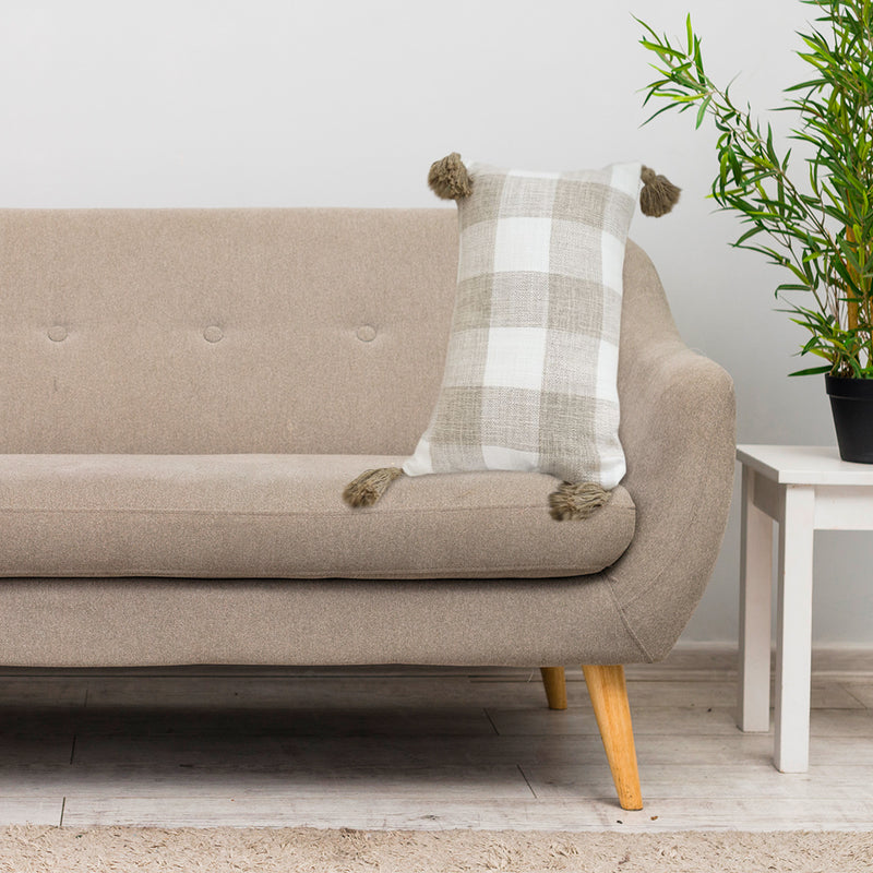 Velvet Lumbar Pillow 30x50 Cm Plaid Farmhouse Caramel White
