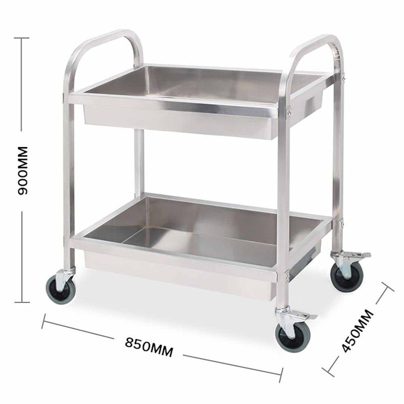 2 Tier Stainless Steel Food Cart 85x45x90cm Leak Proof Tray Locking Wheels
