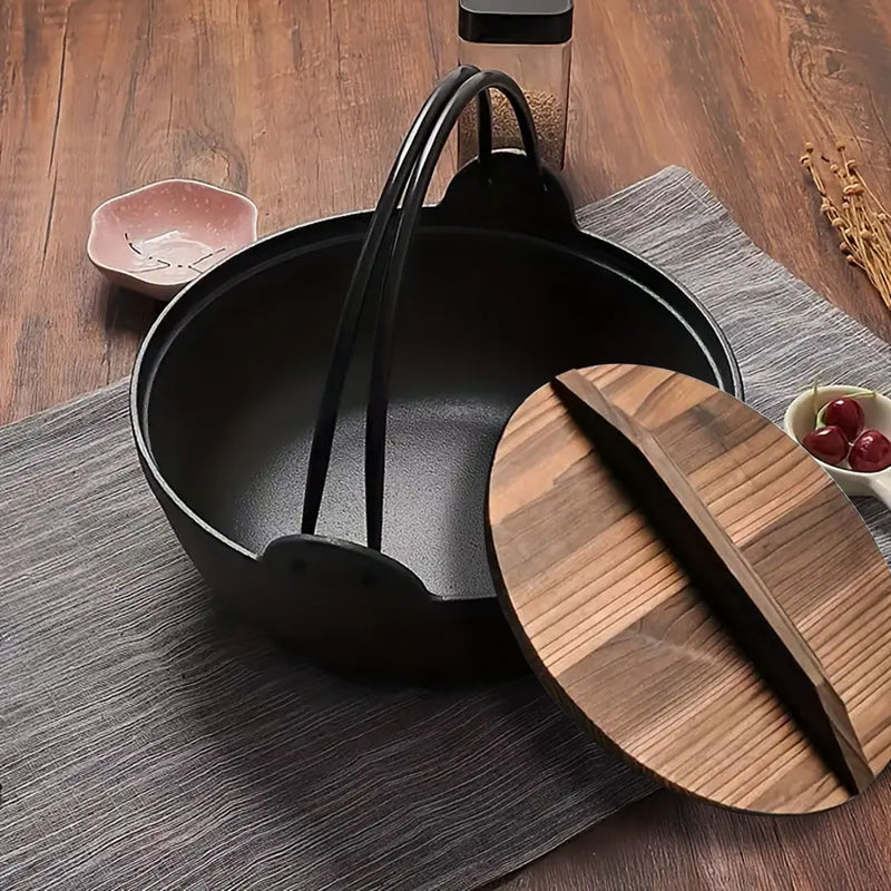 Cast Iron Sukiyaki Nabe Hot Pot 25cm Wooden Lid Nonstick Stovetop Black