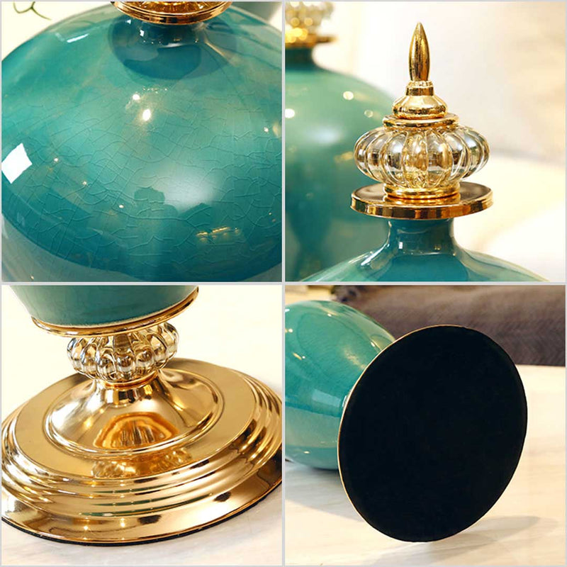 Ceramic Oval Flower Vase 18cm X 38.5cm Gold Metal Base Dark Blue