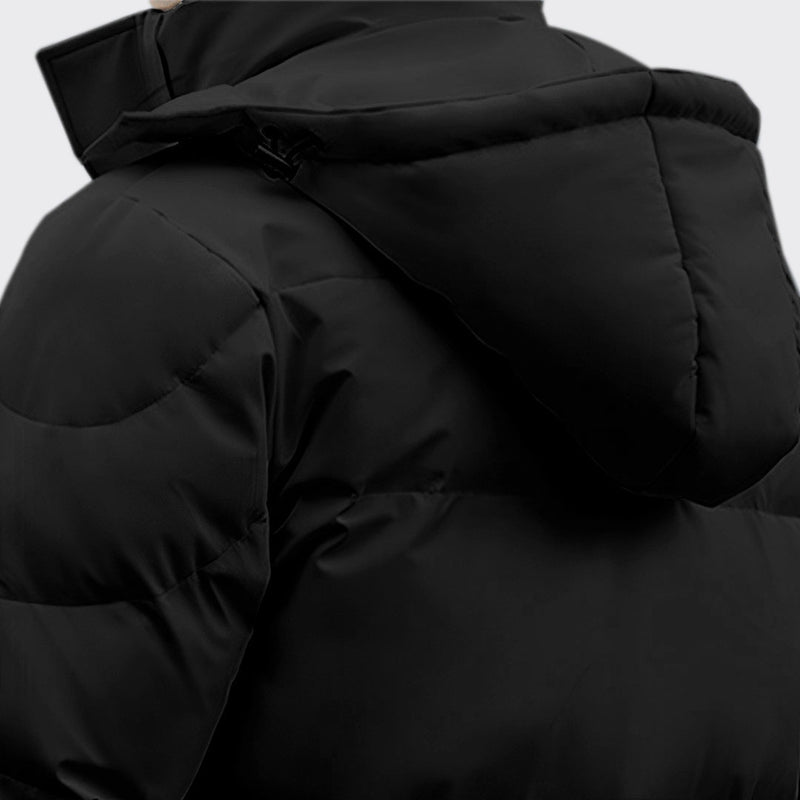 Large Black Hooded Long Jacket White Duck Down Fill Polyester Elastane Quilted