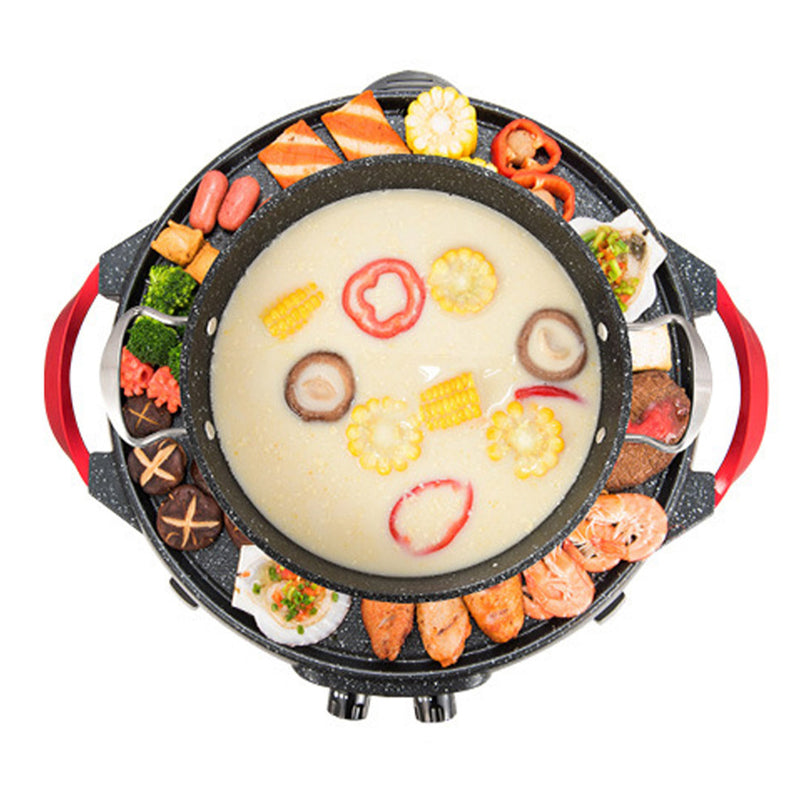 Electric 2 in 1 Stone Coated Non Stick Teppanyaki Grill Steamboat Hot Pot Black