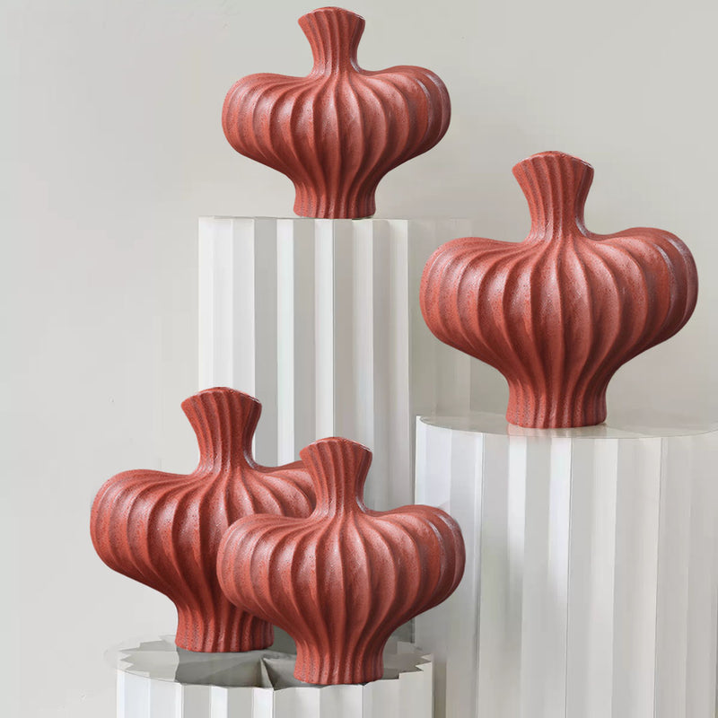 Small Ceramic Decorative Vase 25X24cm Matte Red Countertop Handmade