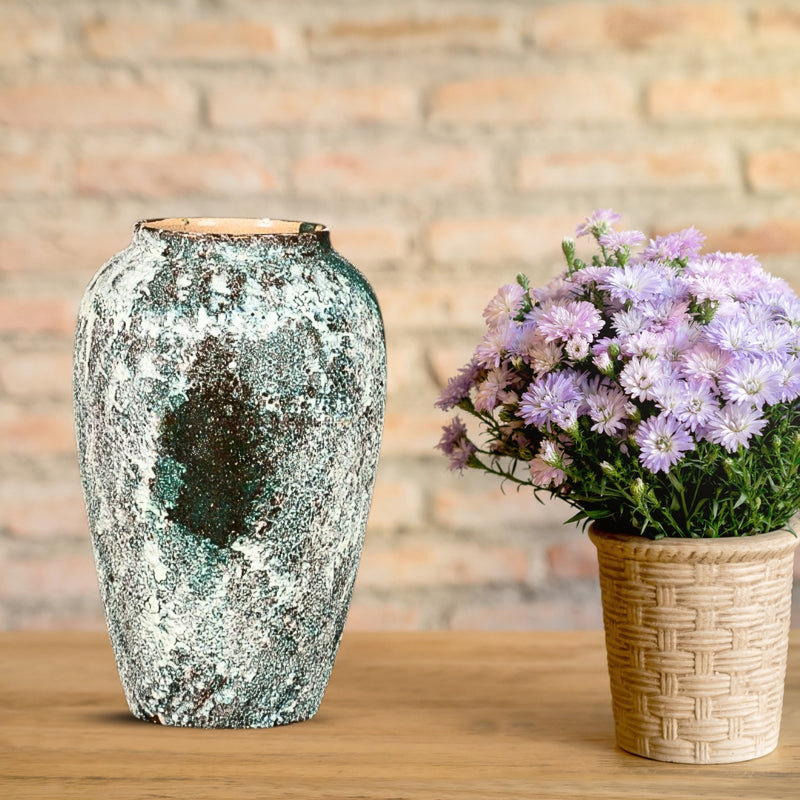 1X Medium Ceramic Flower Vase 30cm Height 19cm Diameter Green Handcrafted
