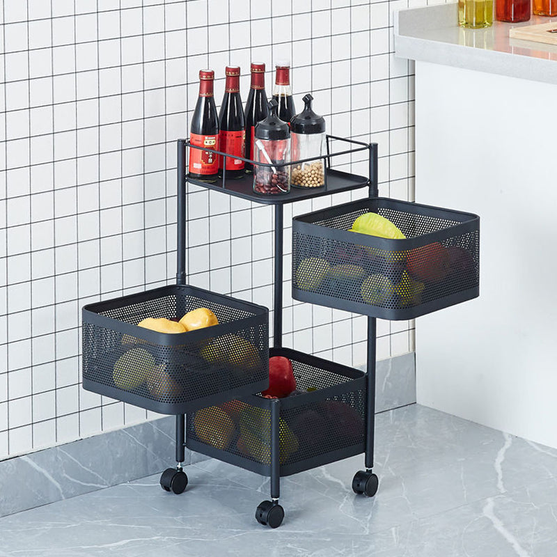 3 Tier Carbon Steel Rotating Kitchen Cart 29x28x65cm Black With Locking Wheels