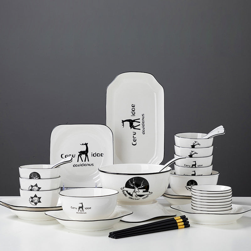 White Antler Print Ceramic Dinnerware Set of 28 Square Bowls Plates Spoons