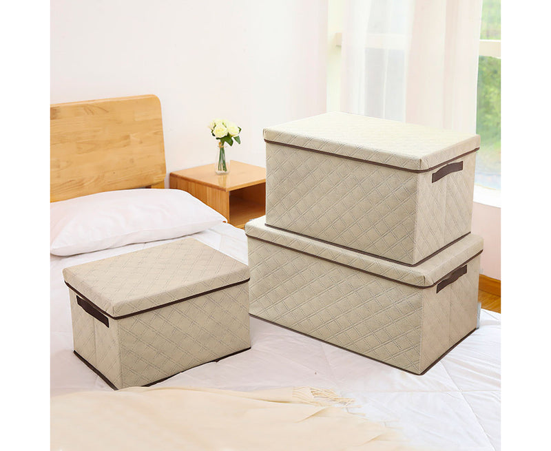 Small Beige Diamond Grid Non-Woven Fabric Storage Box With Lid 35x28x18cm