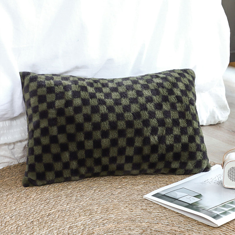 2X Dark Green Velvet Checkered Lumbar Throw Pillow 30x50cm Plush Cushion