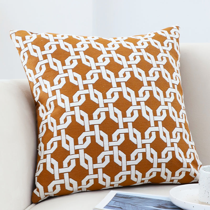 2X 50cm Square Brown Checkered Chain Jacquard Polyester Cotton Throw Pillows