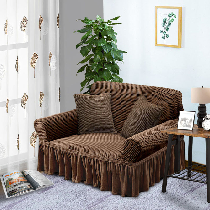 2 Seater Sofa Cover Polyester Stretch Ruffled Skirt Fits 145 To 185 Cm Coffee