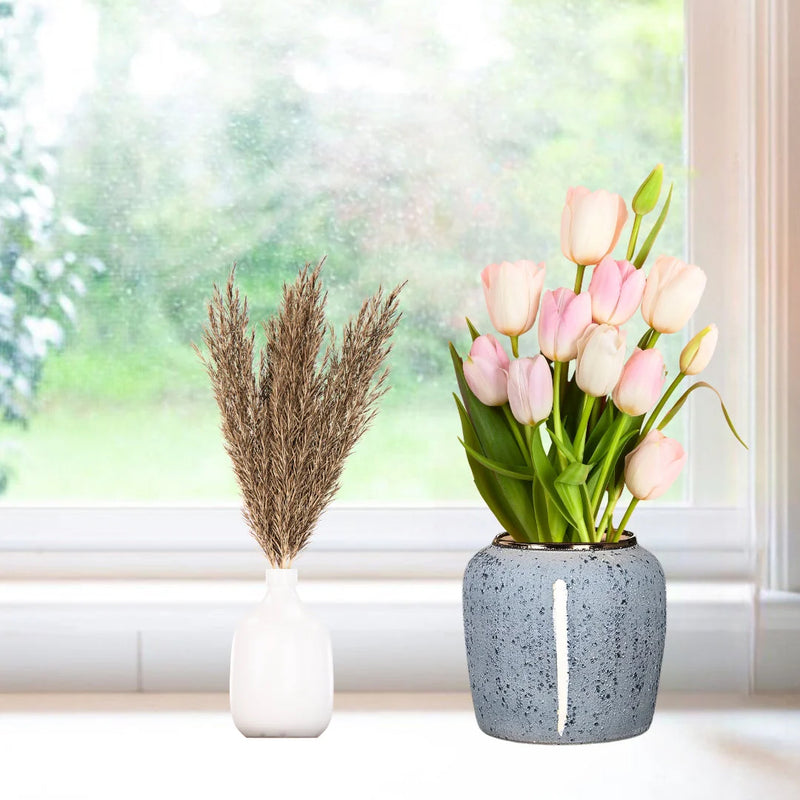 Small Ceramic Flower Vase 21x22cm Grey Handcrafted Elegant Living Room Decor
