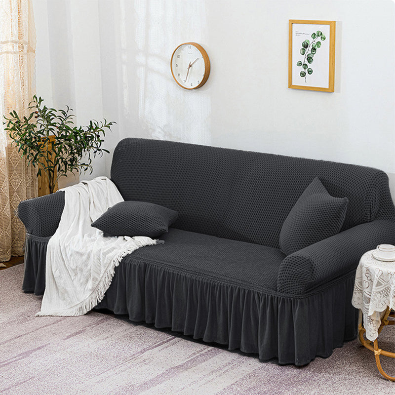 4-Seater Dark Grey Polyester Sofa Cover Ruffled Skirt High Stretch Protector