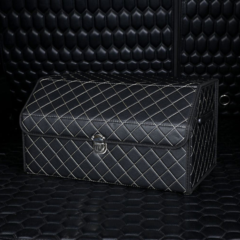 Leather Car Boot Organizer Medium 53x31x29cm Collapsible Lock Black White Stitch