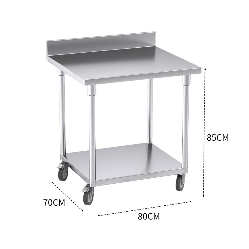 80cm Stainless Steel Kitchen Work Bench Table with Backsplash Castor Wheels