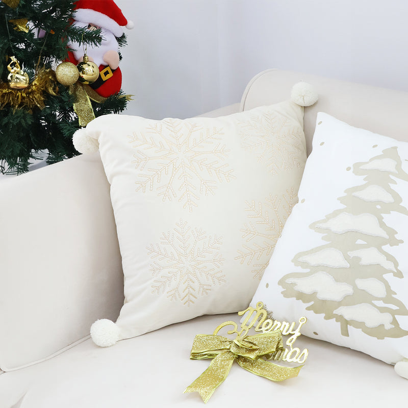 Throw Pillow 45cm White Plush Polyester Square Snowflake Ball Design