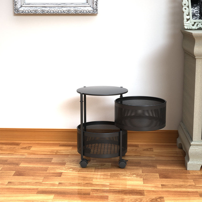 2 Tier Carbon Steel Kitchen Cart Rotating Shelves With Wheels Black 30x30x45cm