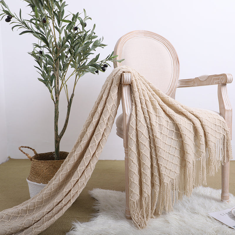 2X Beige Knitted Throw Blanket 100% Acrylic 130x170cm Diamond Pattern Tassels
