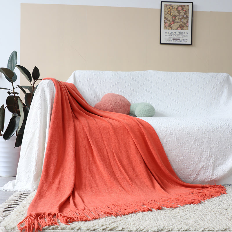 Orange Acrylic Knitted Throw Blanket Solid Fringed 130x220cm Warm Cozy Decor