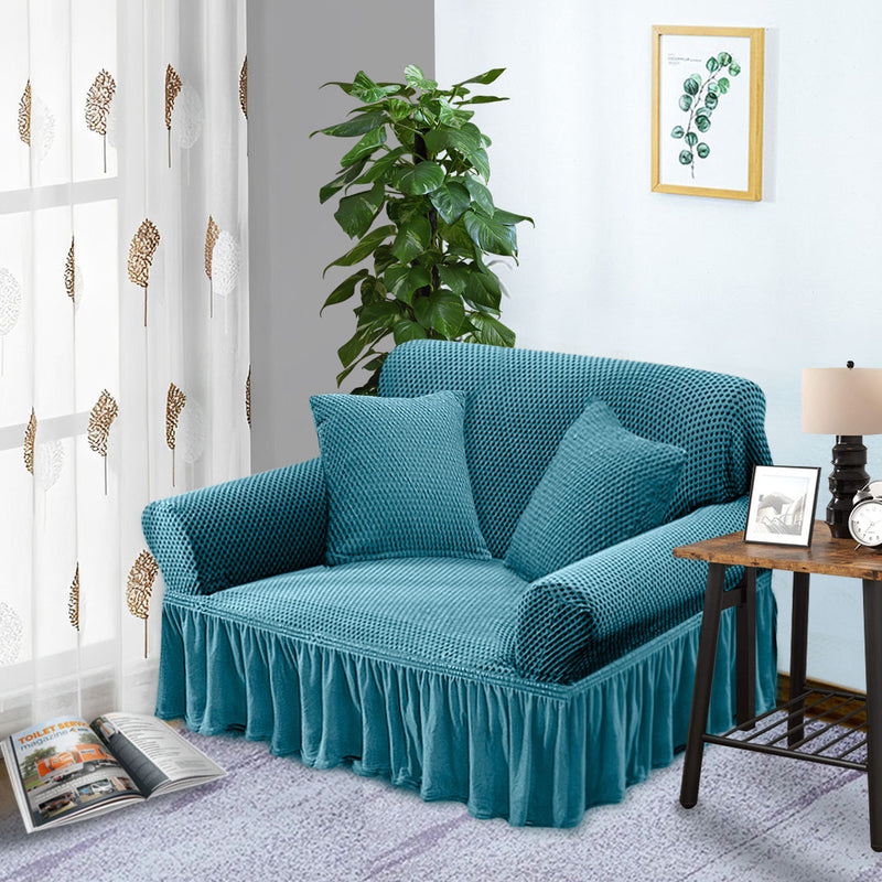 2-Seater Blue Sofa Cover Ruffled Skirt Stretchy Couch Protector 145-185cm
