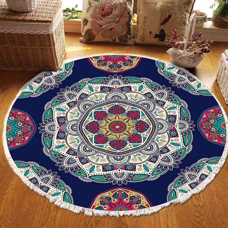 90cm Round Mandala Area Rug Polyester Non Slip Backing Blue