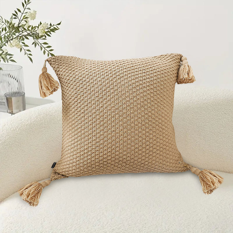 Light Brown Velvet Pillow 50CM Tassel Accents Plush Cushion Decorative Home Use