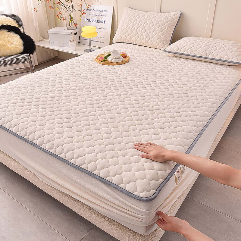 2X Beige Polyester Mattress Cover 183cm Quilted Fleece with 4 Pillow Covers