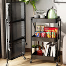 3 Tier Black Foldable Kitchen Cart Carbon Steel Storage Organizer With Wheels