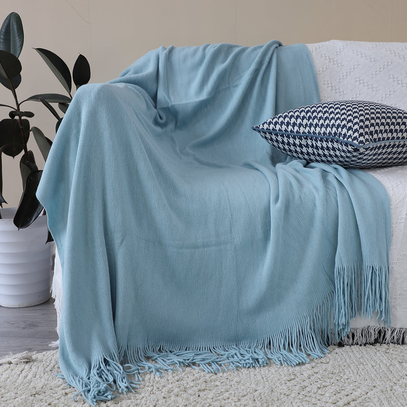 Acrylic Knitted Fringed Throw Blanket Sky Blue 130cmx220cm Cozy