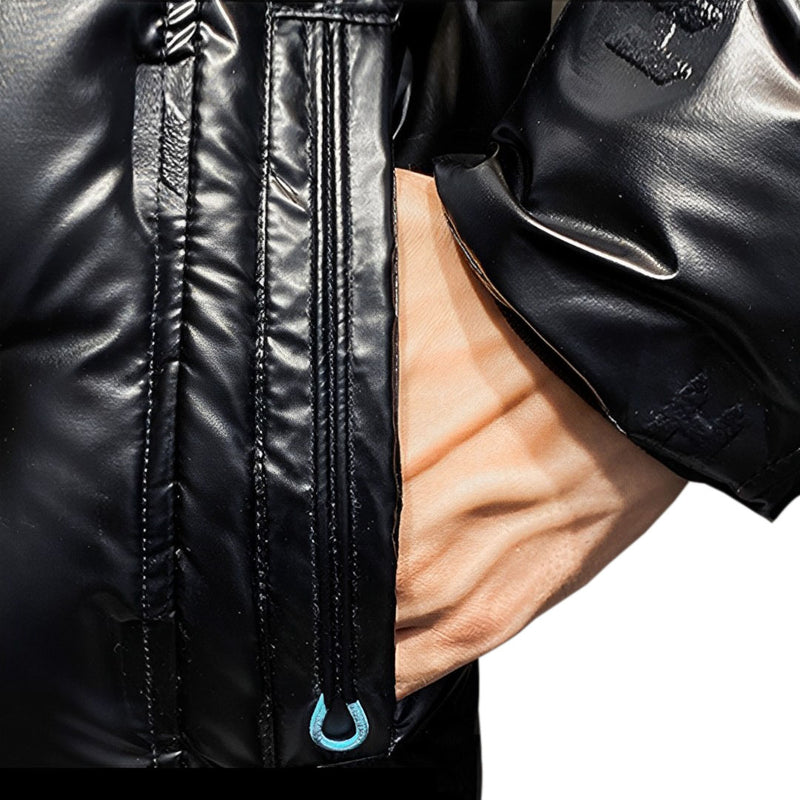Large Hooded Warm Down Puffer Coat Black Polyester Elastane Long 82cm