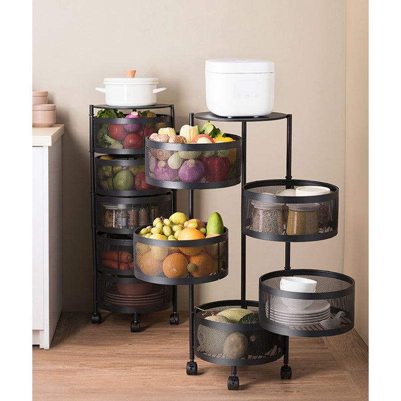5 Tier Black Steel Rotating Kitchen Cart With Wheels Portable Storage Shelves