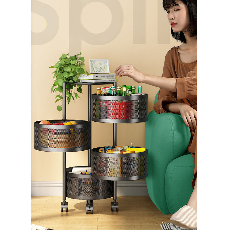 2X 4 Tier Carbon Steel Rotating Kitchen Cart 97cm Black Locking Wheels