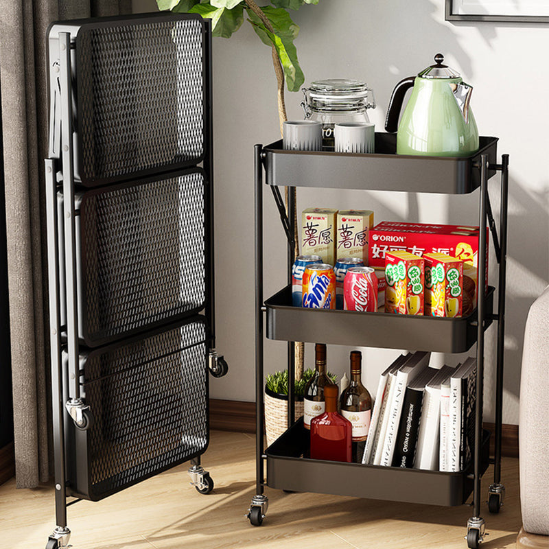 2X 3 Tier Foldable Kitchen Cart Black Steel Shelves With Wheels Portable Storage