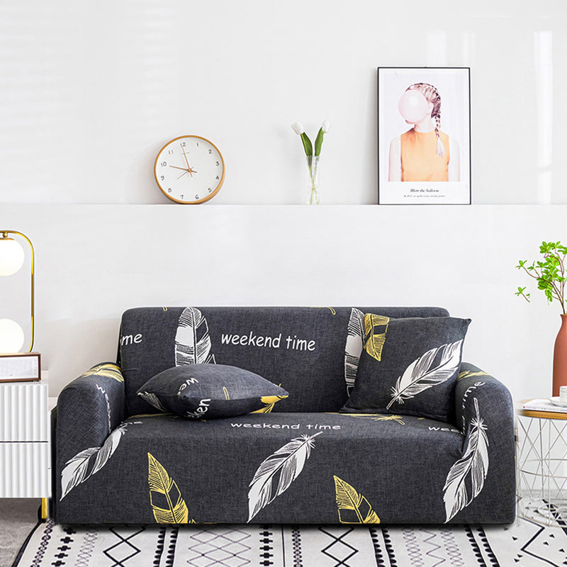 1 Seater Feather Print Polyester Sofa Slipcover Fits 90 To 140 cm High Stretch