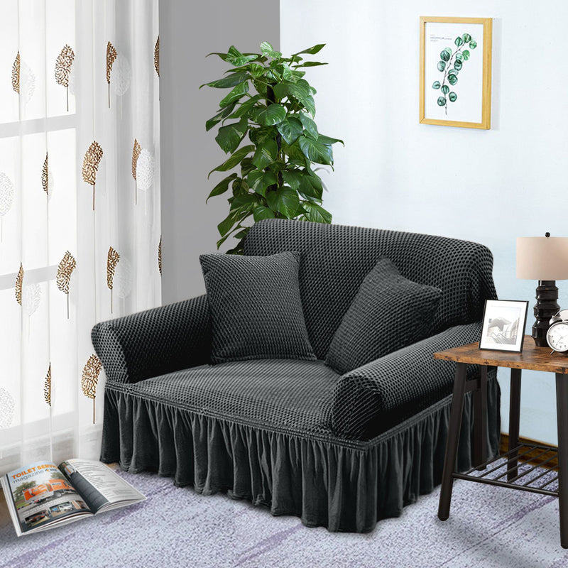 2-Seater Dark Grey Sofa Cover Polyester Ruffled Skirt Stretch Protector