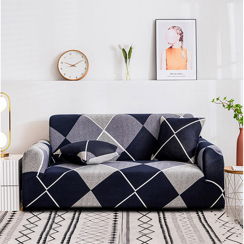 2-Seater Checkered Stretch Sofa Cover Protector Polyester Blue 145-185cm