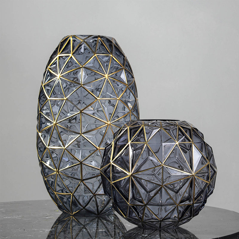 2X Grey Glass Flower Vases Set Large 20cm Medium 17.5cm Gold Accent