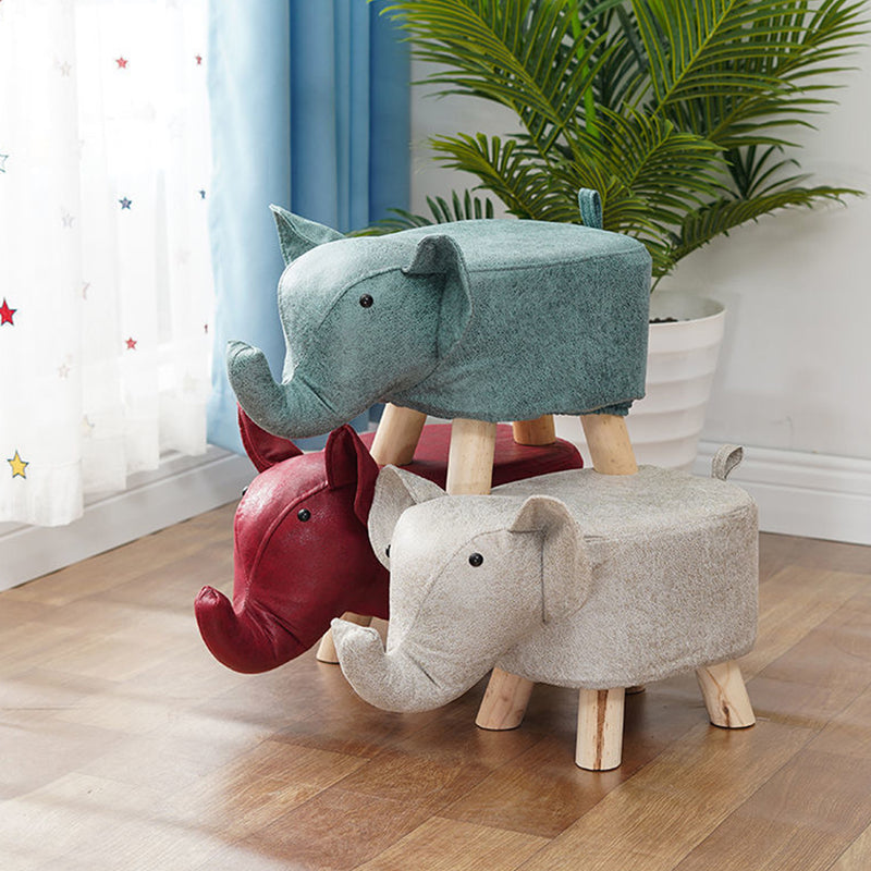 Red Children Round Ottoman Stool Elephant Character Pu Sponge Pine 28x26cm