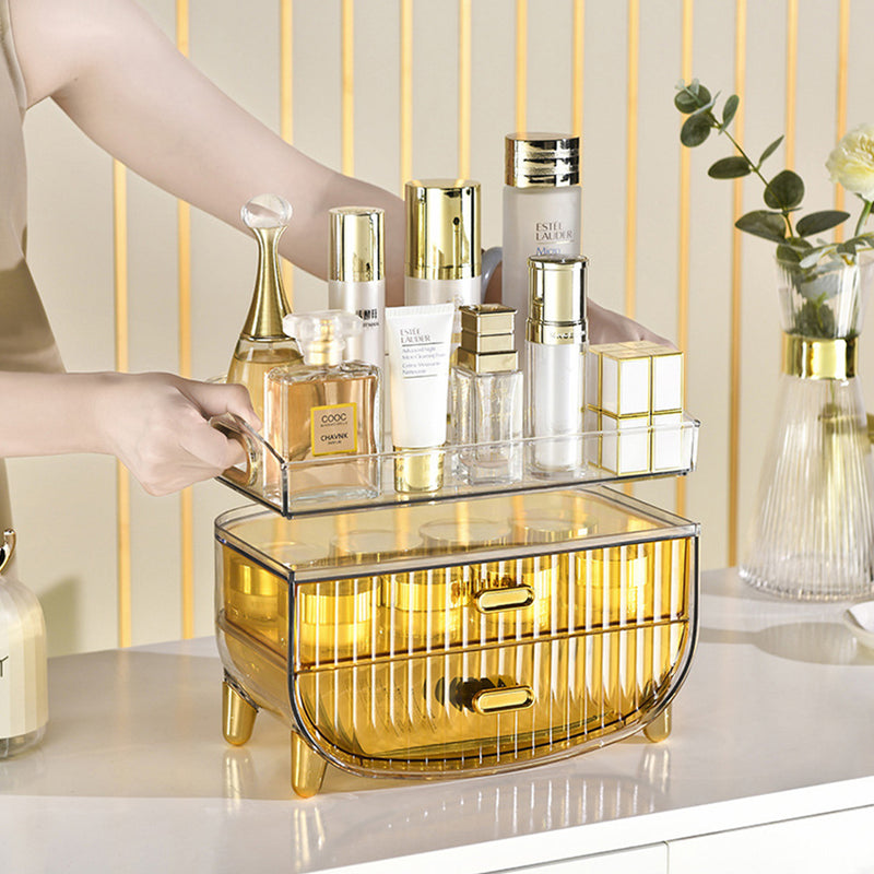 2X 2 Tier Clear Countertop Cosmetic Organizer Abs Golden Yellow 28.5X18X14.5cm