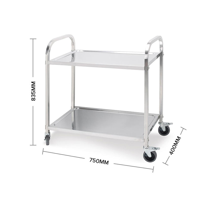 2X Stainless Steel 2 Tier Kitchen Trolley Utility Cart with Wheels 75x40x83.5cm