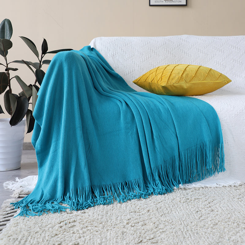 2X Blue Acrylic Knitted Throw Blanket Solid Fringed Warm Cozy Couch Sofa Decor