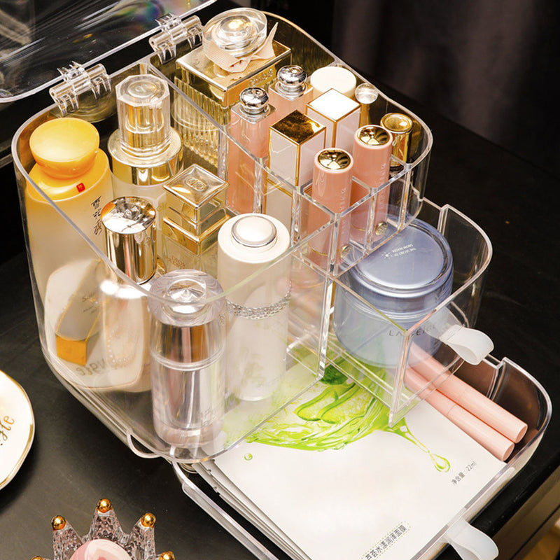 2X Transparent Plastic Makeup Storage Box Drawer With Lid 32.5x21x34cm